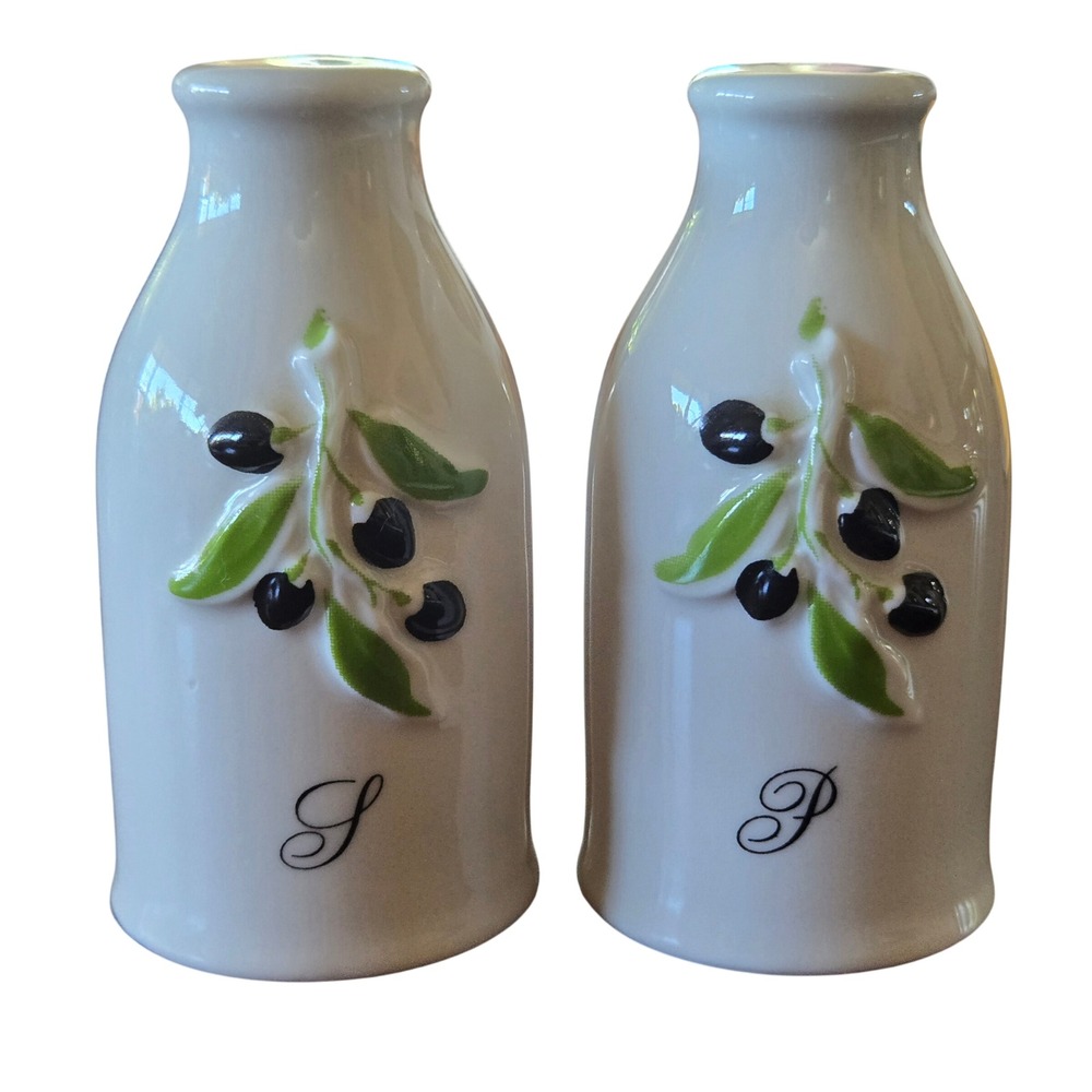 Vintage Revol Ceramic White Olive Branch Salt and Pepper Shakers Set Embossed
